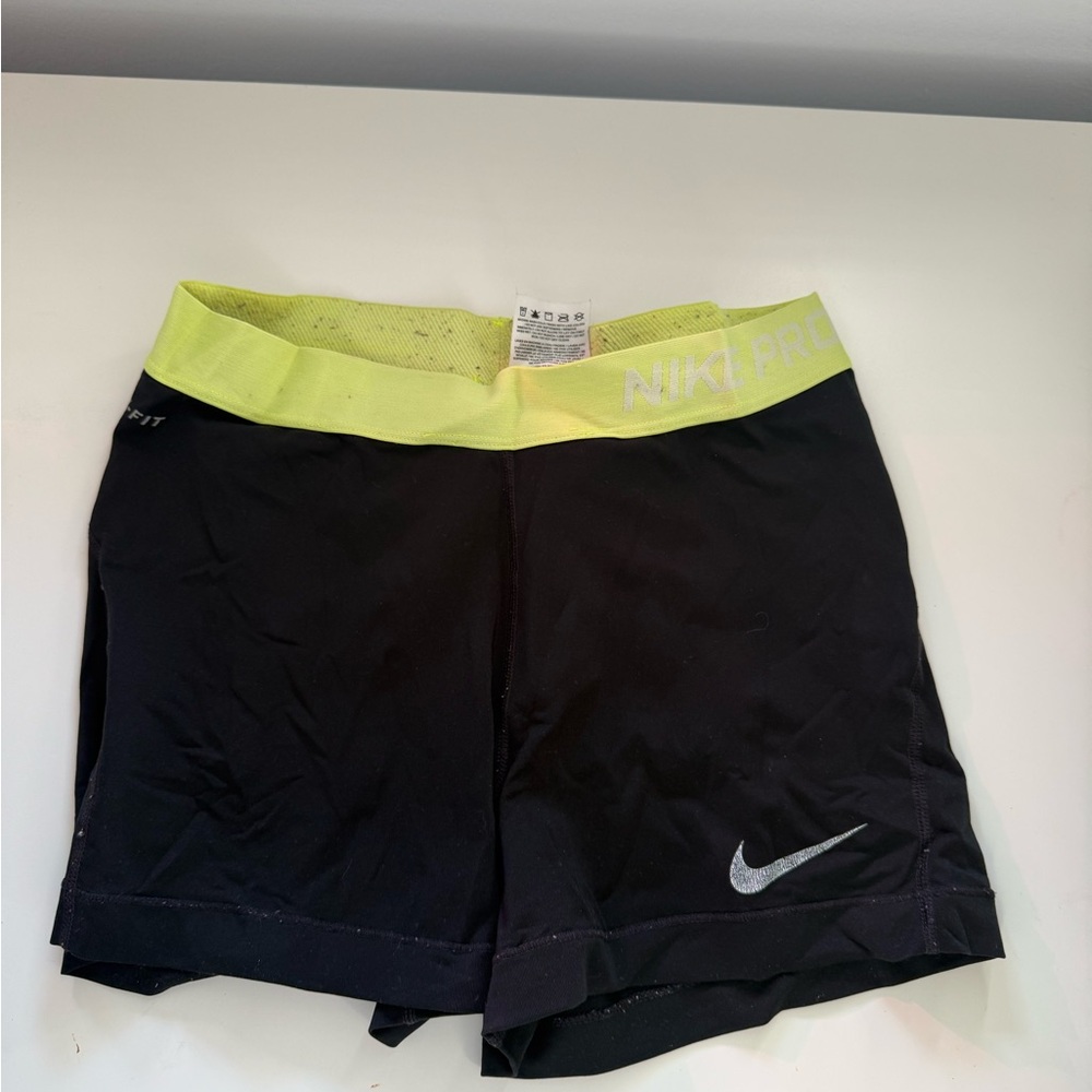 Nike Women's Black Shorts with Neon Yellow Waistband